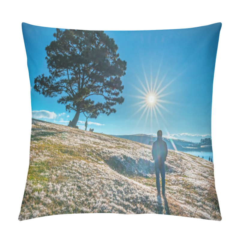 Personality  Silhouette Man Standing Watching The Sunrise On The Pink Grass And Pine Trees As A Relaxing Way To Welcome The Beautiful New Day Coming Pillow Covers