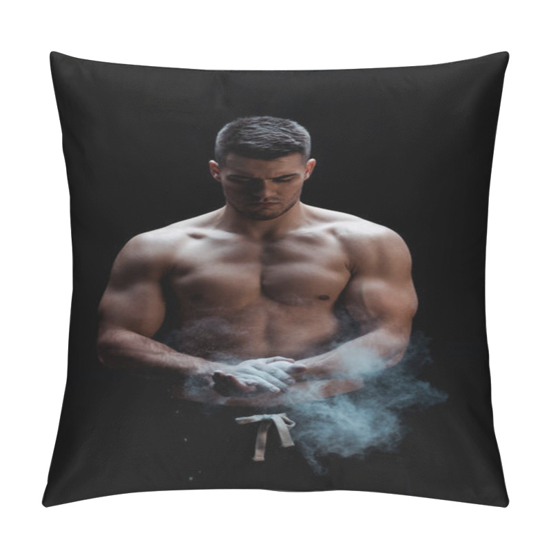 Personality  Sexy Muscular Bodybuilder With Bare Torso Applying Talcum Powder On Hands On Black Background With Smoke  Pillow Covers