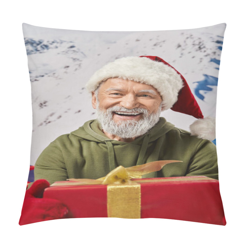 Personality  Portrait Of Bearded Santa Holding Big Red Present Wearing Red Hat And Mittens, Christmas Concept Pillow Covers