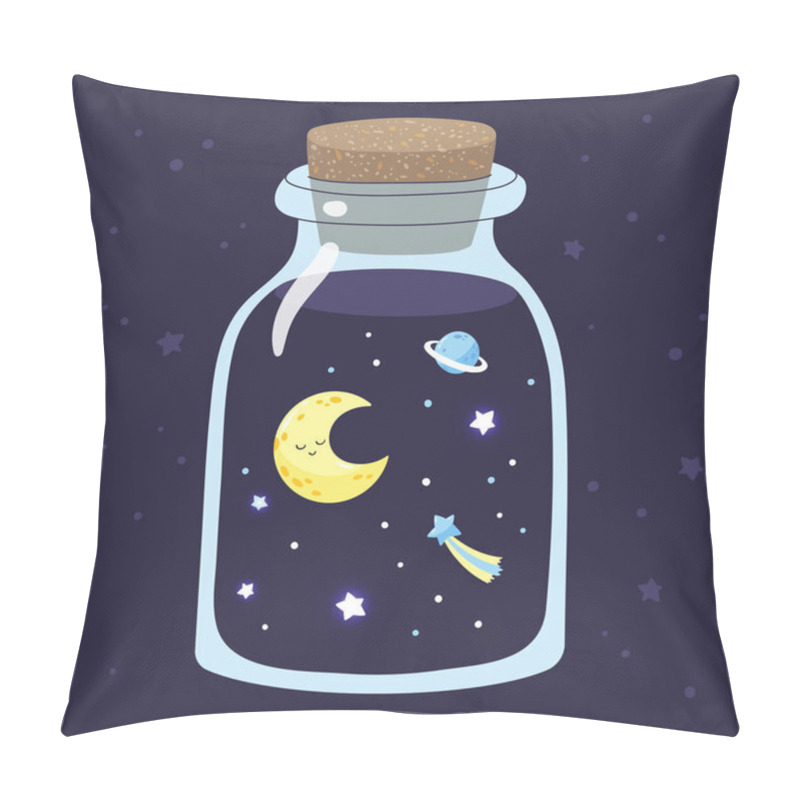 Personality  Cartoon Crescent With Stars In A Magic Glass Jar. Vector Illustration. Pillow Covers