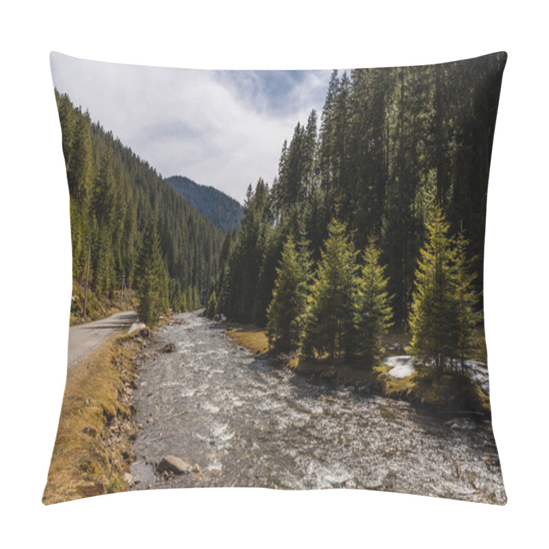 Personality  Empty Road Near Mountain River And Spruce Forest  Pillow Covers