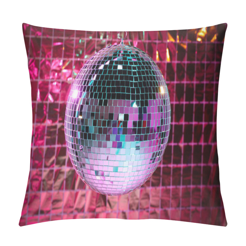 Personality  Shiny Disco Ball Against Foil Party Curtain Under Pink Light Pillow Covers