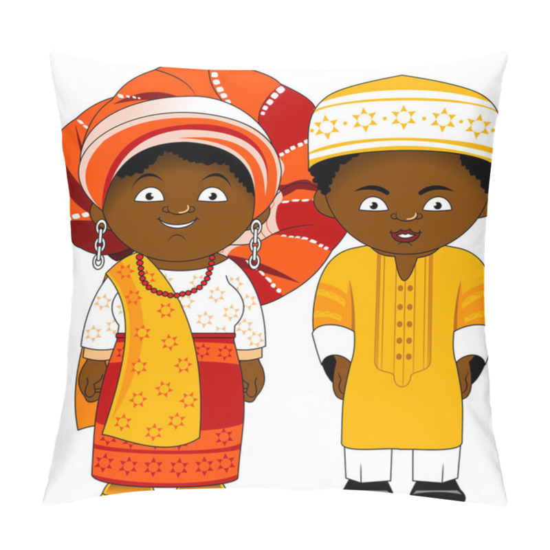 Personality  Cheerful African Couple From Nigeria In National African Clothes, Vector, Illustration Pillow Covers