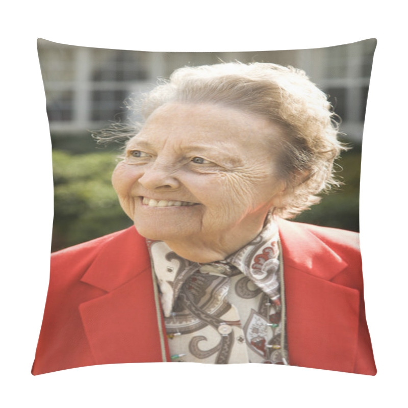 Personality  Elderly Woman In Red Coat Outdoors Smiling Pillow Covers