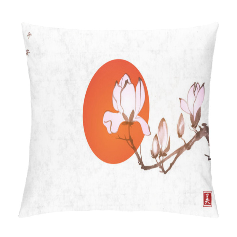 Personality  Pink Magnolia Flowers And Big Red Sun On Rice Paper Background. Traditional Oriental Ink Painting Sumi-e, U-sin, Go-hua. Translation Of Hieroglyphs - Peace, Tranquility, Clarity, Beauty. Pillow Covers