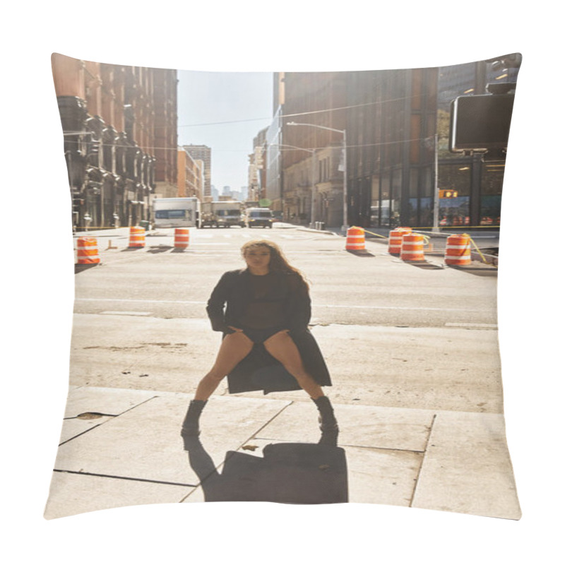 Personality  A Young Woman Dances On A New York Street, Her Silhouette Framed By The Citys Towering Buildings. Pillow Covers