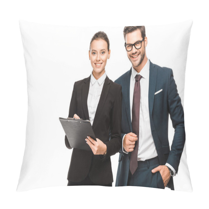 Personality  Happy Young Business Partners With Clipboard Looking At Camera Isolated On White Pillow Covers