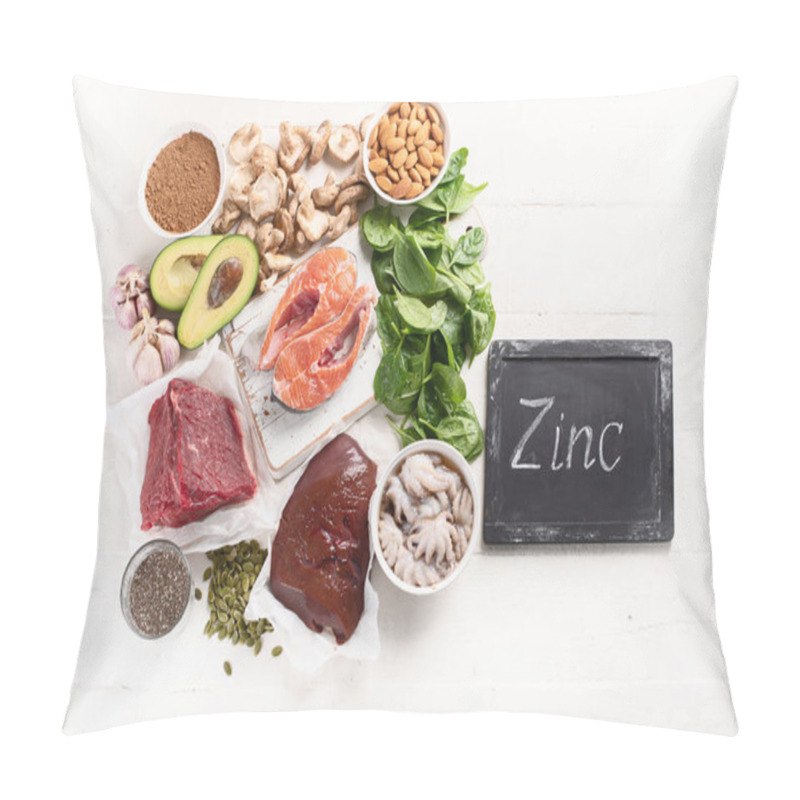 Personality  Arrangement Food High In Zinc On White Tabletop, Healthy Diet Concept Pillow Covers