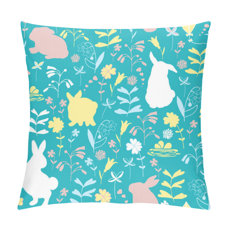 Personality  Easter Seamless Pattern. Flowers And Rabbits On A Blue Background. Pillow Covers