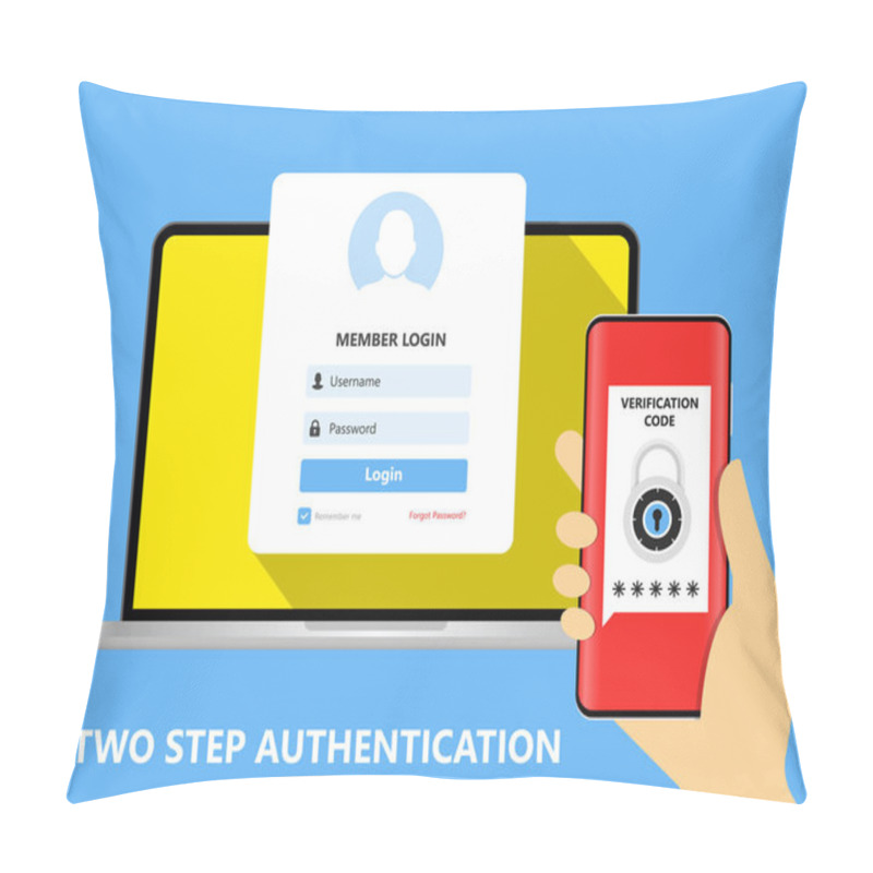 Personality  Two Step Authentication Vector Illustration, Flat Cartoon Smartphone And Computer Safety Login Or Signin, Two Steps Verification Via Mobile Phone And Pc Pillow Covers