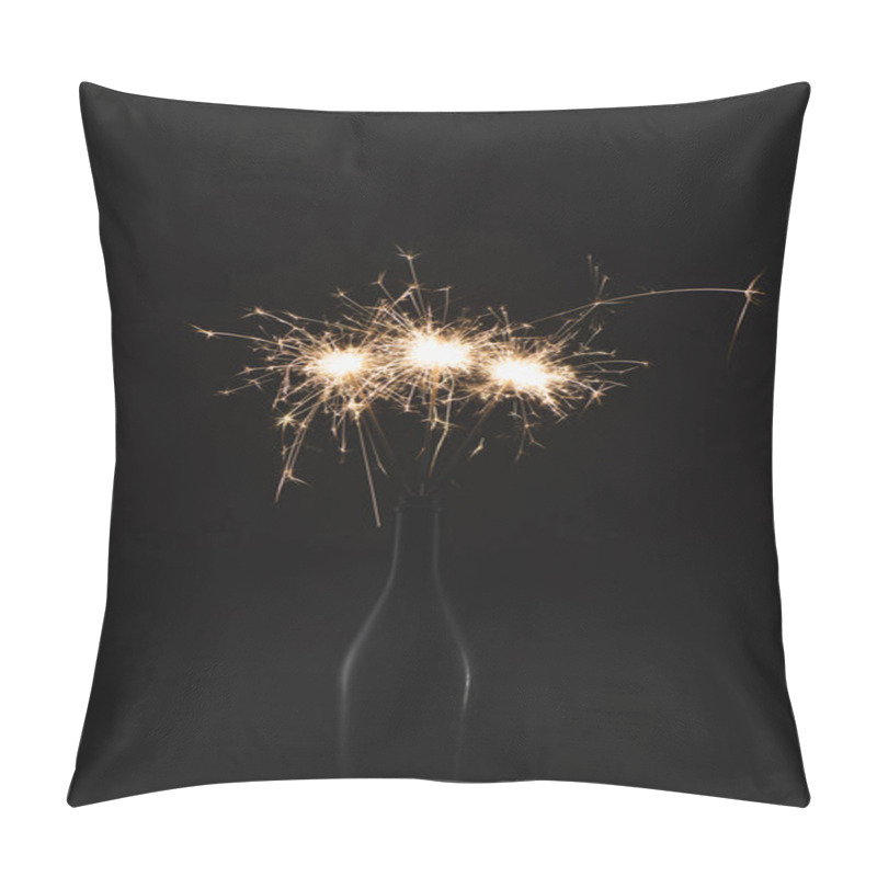 Personality  Close Up View Of Burning Sparklers In Bottle Isolated On Black Pillow Covers