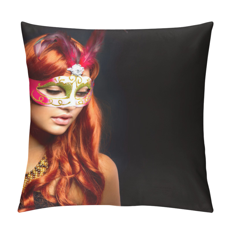 Personality  Beautiful Woman In A Carnival Mask. Isolated On Black Pillow Covers