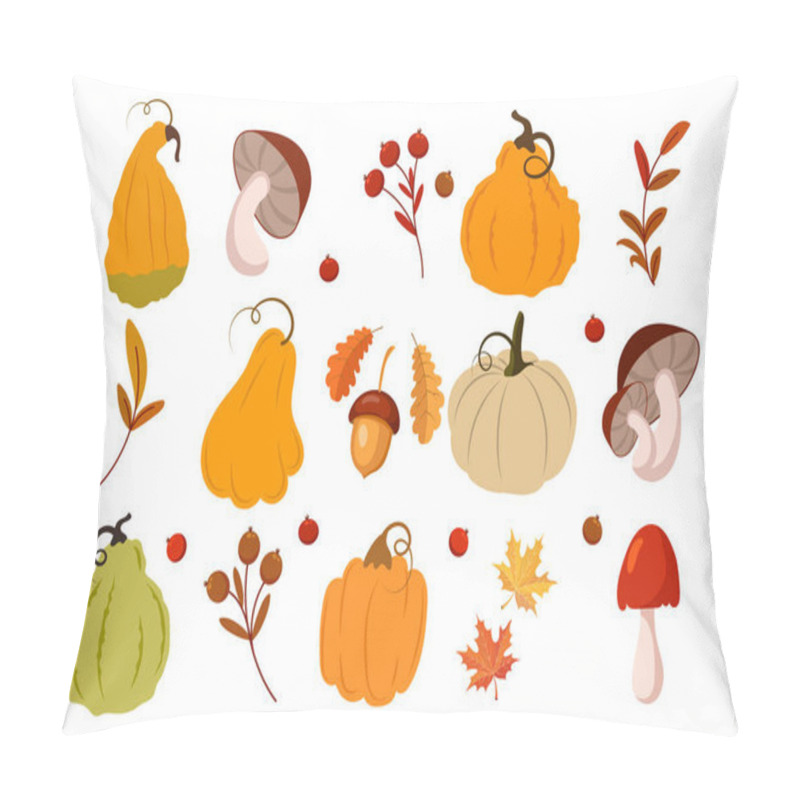 Personality  Autumn Set, Pumpkins, Mushrooms, Acorns, Rowan And Maple Leaves On A White Background. Autumn Print, Decor Elements, Vector Pillow Covers