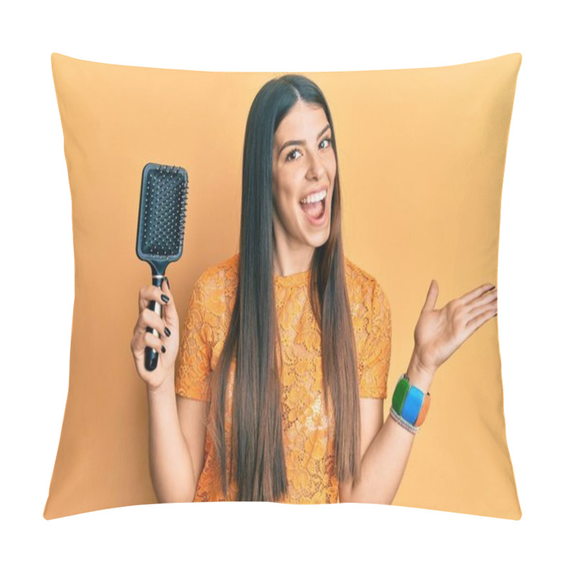 Personality  Young Hispanic Woman Holding Hairbrush Celebrating Achievement With Happy Smile And Winner Expression With Raised Hand  Pillow Covers