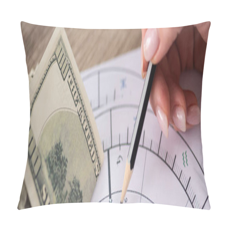 Personality  Cropped View Of Astrologer Drawing Natal Chart With Dollar Banknotes On Table, Panoramic Shot Pillow Covers