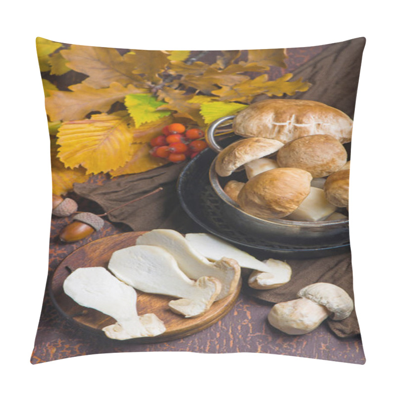 Personality  Mushroom Boletus Edulis Over Wooden Background, Close Up On Wood Rustic Table. Cooking Delicious Organic Mushroom. Gourmet Food Pillow Covers