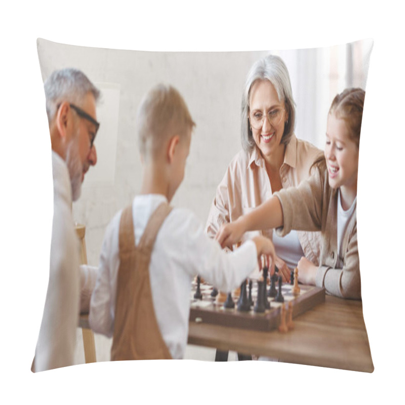 Personality  Joyful Children Brother And Sister Playing Chess While Sitting In Living Room With Senior Grandparents While Spending Time Together On Weekend, Kids Sitting At Table With Chessboard And Smiling Pillow Covers