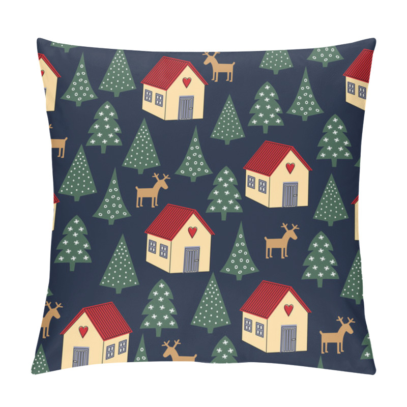 Personality  Seamless Retro Christmas Pattern - Varied Xmas Trees, Houses And Deers. Happy New Year Background. Pillow Covers