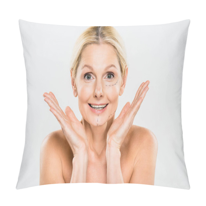 Personality  Beautiful And Surprised Woman With Lines On Face Looking At Camera And Showing Shrug Gesture Isolated On White Pillow Covers