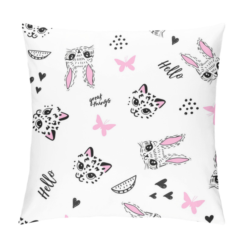 Personality  Cute Hand Drawing Pattern With Cat And Rabbit. Seamless Background For Baby Textiles, Fashion, Wrapping Paper And More Pillow Covers