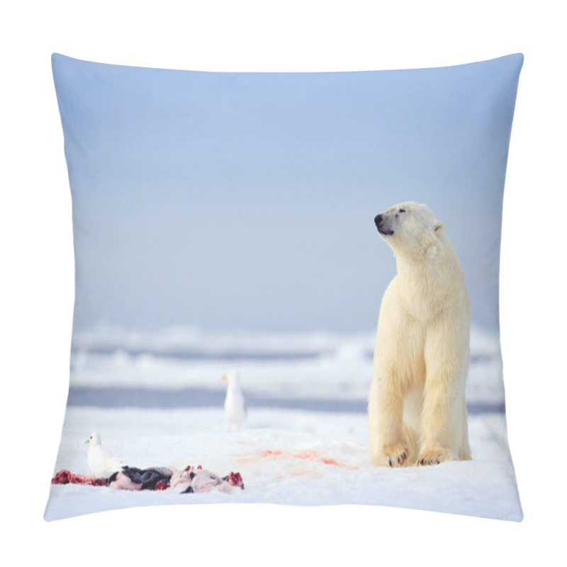 Personality  Polar Bears With Killed Seal. White Bear Feeding On Drift Ice With Snow, Svalbard, Norway. Bloody Nature With Big Animals. Dangerous Animal With Carcass Of Seal. Arctic Wildlife, Animal Feeding Behaviour.  Pillow Covers