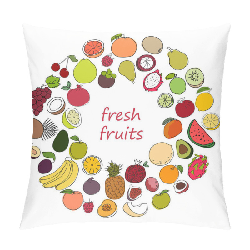 Personality  Set Of Hand Drawn Sketch Style Ripe And Fresh Fruits. Collection Of Colorful Fruit Icons. Variety Of Tropical Fruits And Berries Pillow Covers