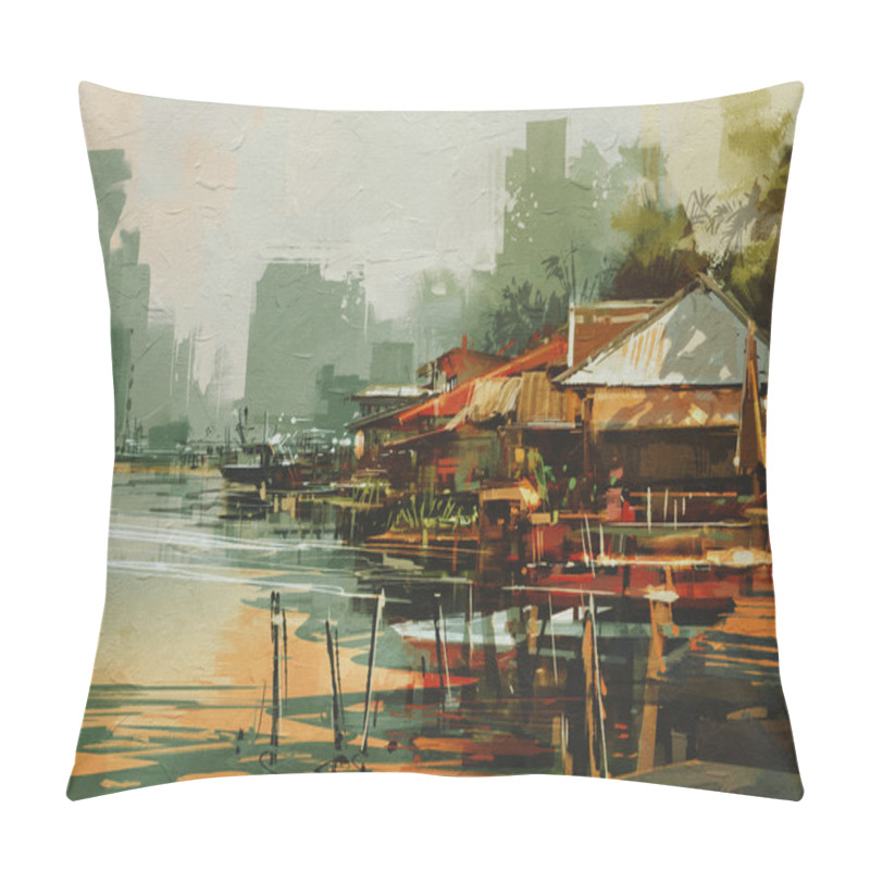 Personality  Seascape Painting Showing Old Fishing Village Pillow Covers