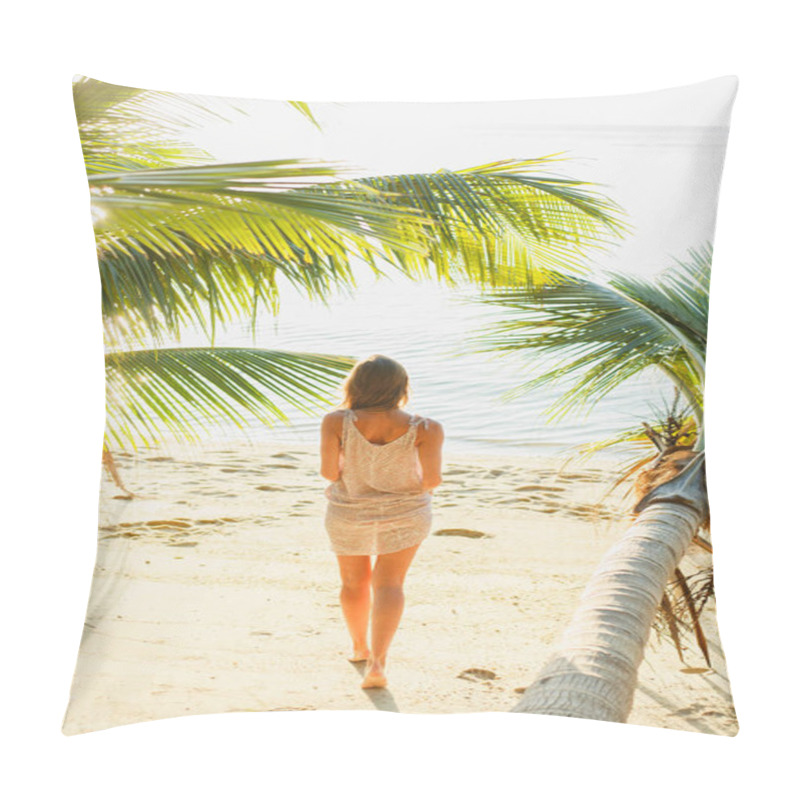 Personality  Rear View Of Woman Standing Between Palm Trees On Seashore Pillow Covers