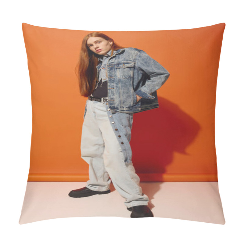 Personality  The Young Man Confidently Shows Off His Long Red Hair And Unique Style Against A Vibrant Backdrop. Pillow Covers