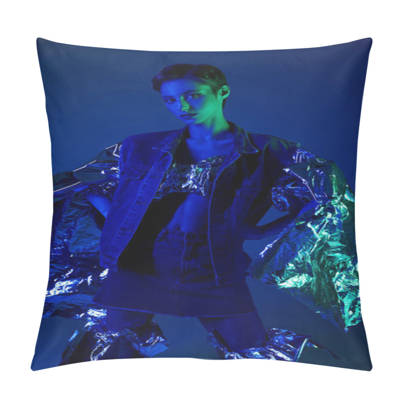 Personality  Woman In Blue Jacket With Silver Accents Stands In Vibrant Blue And Green Lit Studio Pillow Covers