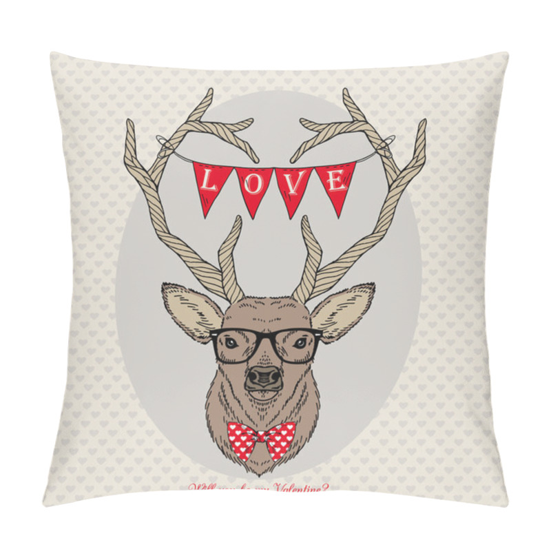 Personality  Hand Drawn Vector Portrait Of St. Valentine's Deer Pillow Covers