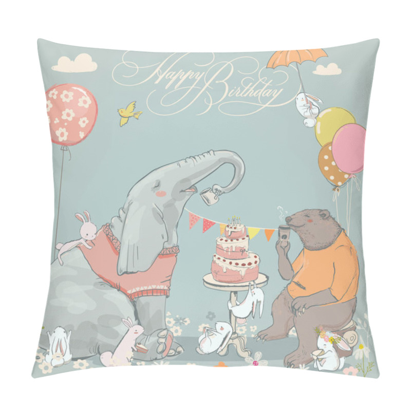 Personality  Birthday Card With Cute Bear, Elefant And Hares Pillow Covers