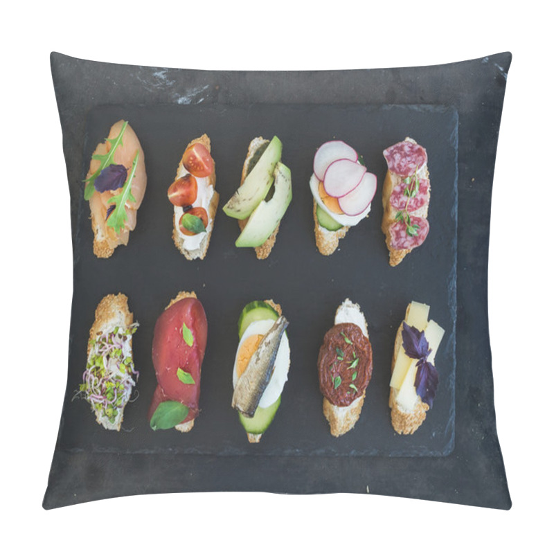 Personality  Mini Sandwich Set. Variety Of Small Sandwiches On Black Backdrop Pillow Covers