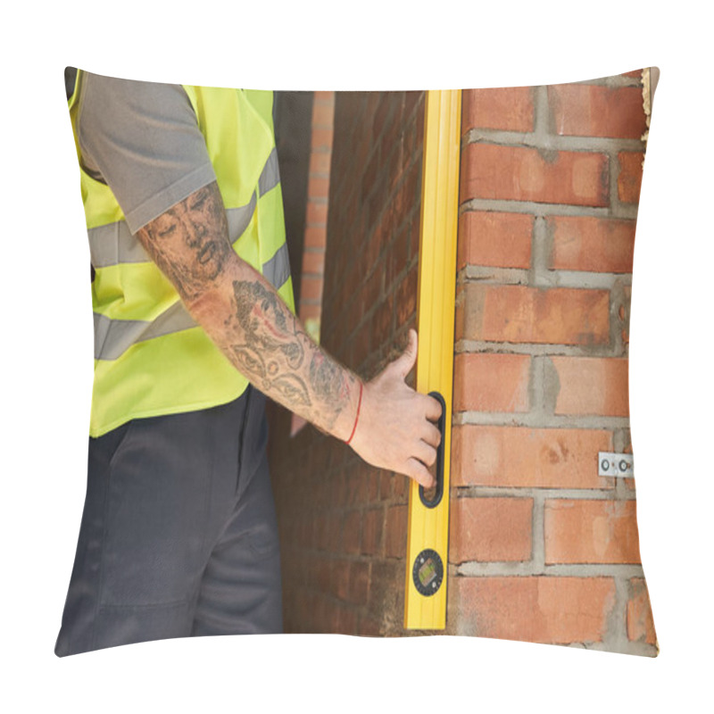 Personality  Cropped View Of Dedicated Construction Worker With Tattoos Using Level On Brick Wall, Builder Pillow Covers