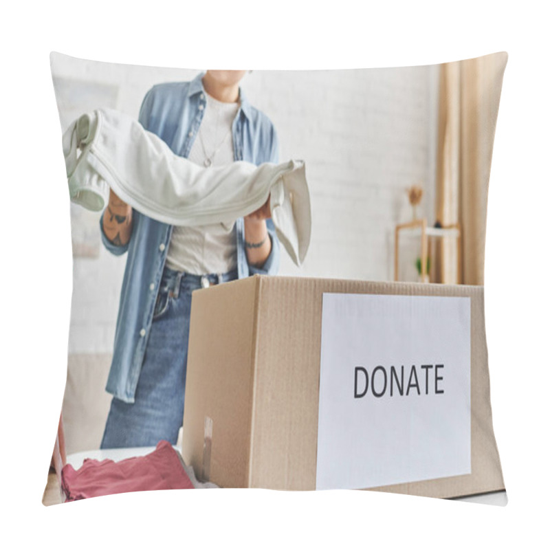 Personality  Promoting Social Good, Partial View Of Tattooed Woman In Casual Clothes Sorting Pre-loved Items Near Box With Donate Lettering At Home, Sustainable Living And Social Responsibility Concept Pillow Covers