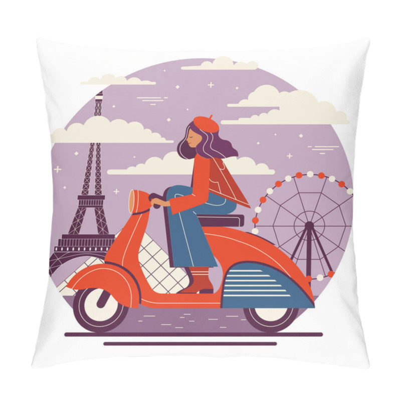 Personality  Girl In French Hat Riding Retro Scooter On Background Of Paris With Famous Landmarks. Young Woman Driving Vintage Motorbike In France. French City Tourism Traveling Concept Illustration. Pillow Covers