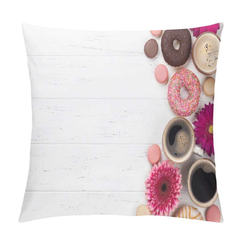 Personality  Coffee Cups, Donuts And Gerbera Flowers On White Wooden Table. Top View With Space For Your Text Pillow Covers