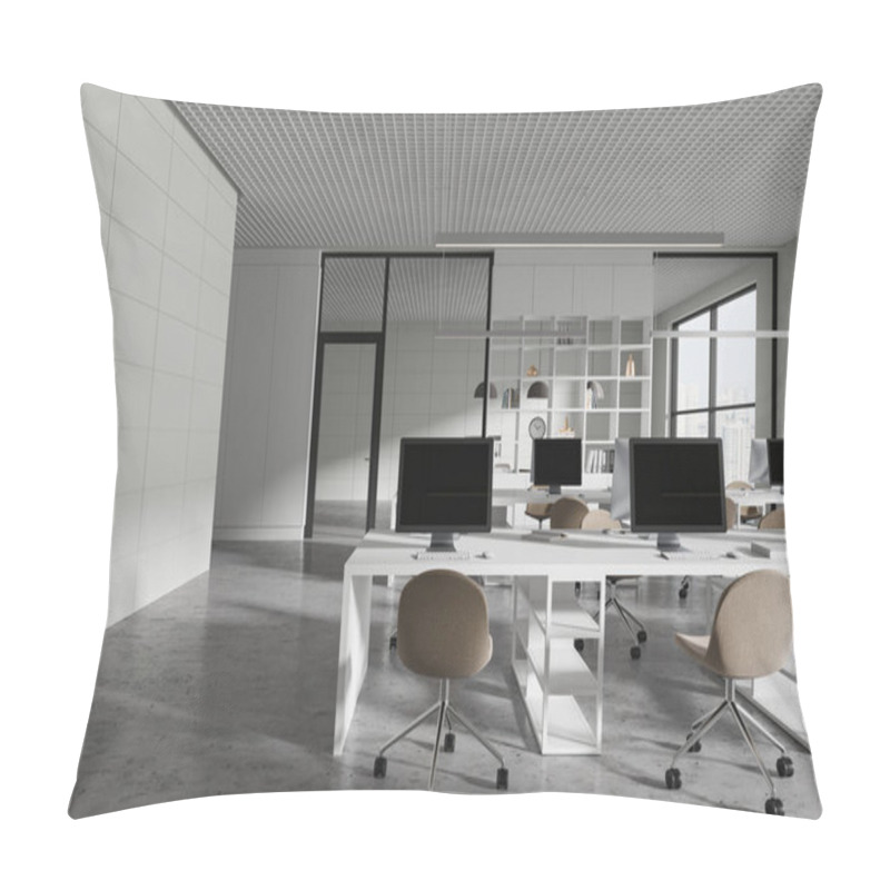 Personality  Elegant Coworking Interior With Chairs And Pc Computers In Row, Grey Concrete Floor. Stylish Office Workspace With Panoramic Window On Singapore Skyscrapers. 3D Rendering Pillow Covers