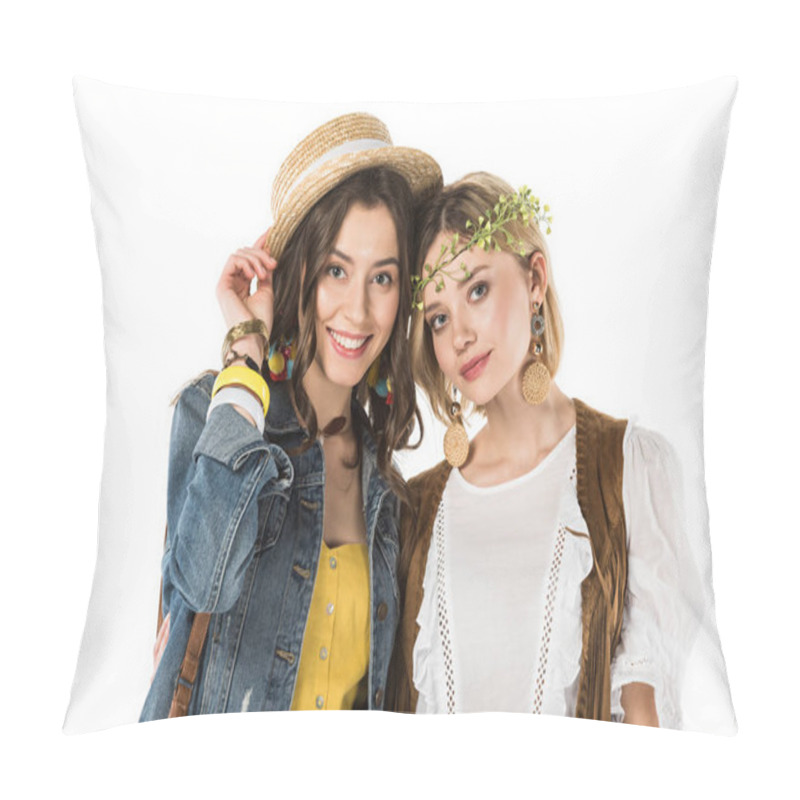 Personality  Two Smiling Bisexual Hippie Girls Isolated On White Pillow Covers