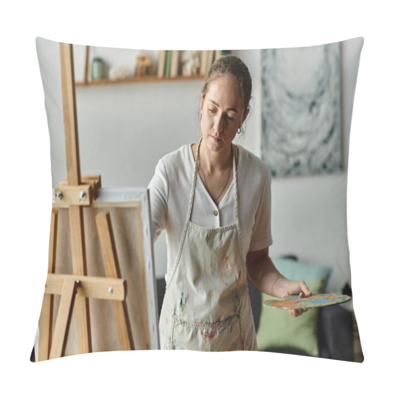 Personality  A Talented Woman With Vitiligo Paints Thoughtfully In Her Cozy Studio. Pillow Covers