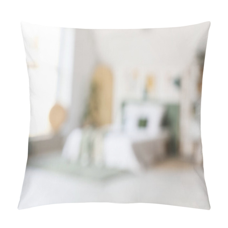 Personality  Blurred View Of Light Bedroom With Paintings, Shelf Unit And Plants Pillow Covers