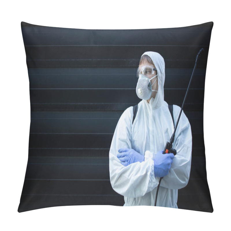 Personality  Portrait Of Professional Exterminator Holding Sprayer With Chemicals For Pest Control. Copy Space Provided. Pillow Covers