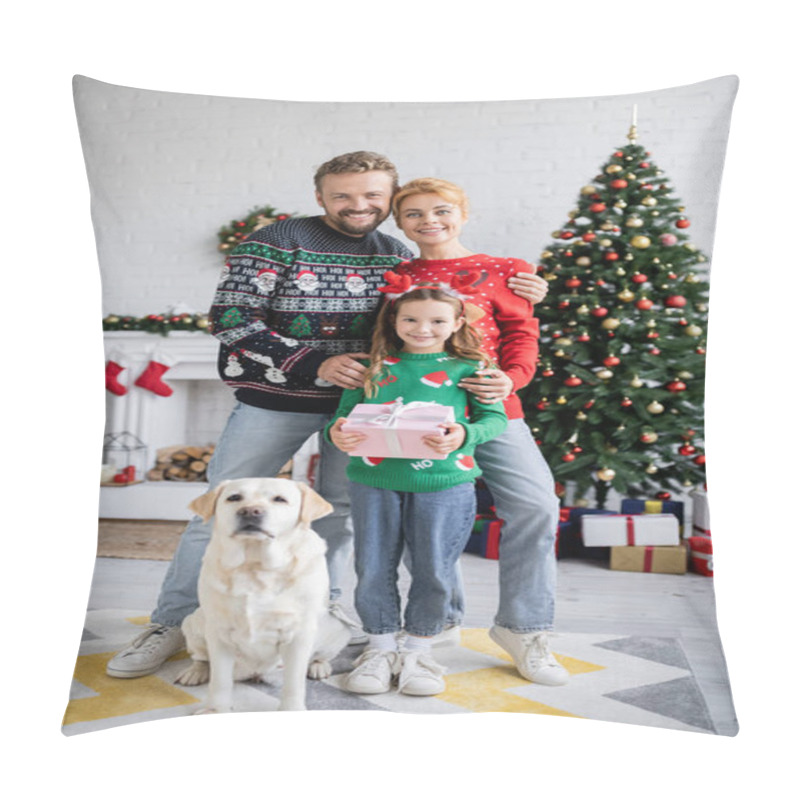 Personality  Positive Family Hugging Daughter With Christmas Present And Labrador At Home  Pillow Covers