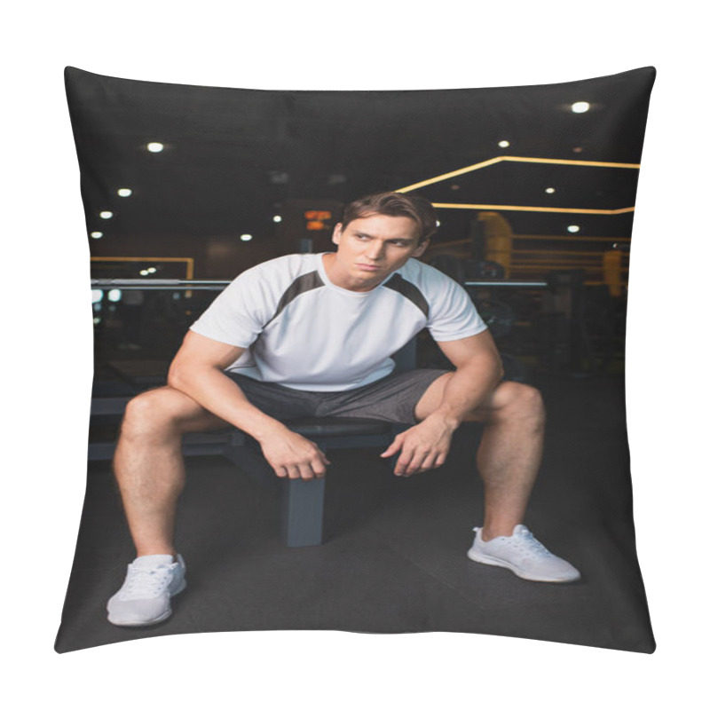 Personality  Full Length View Of Athletic Man Looking Away While Sitting On Exercising Machine In Gym Pillow Covers