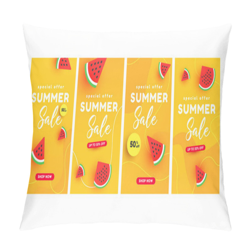 Personality  Summer Sale Banner Stories Concept With Ripe Watermelon Slices Pattern On Yellow Background With Copy Space For Social Media. Colorful Design Templates Pillow Covers