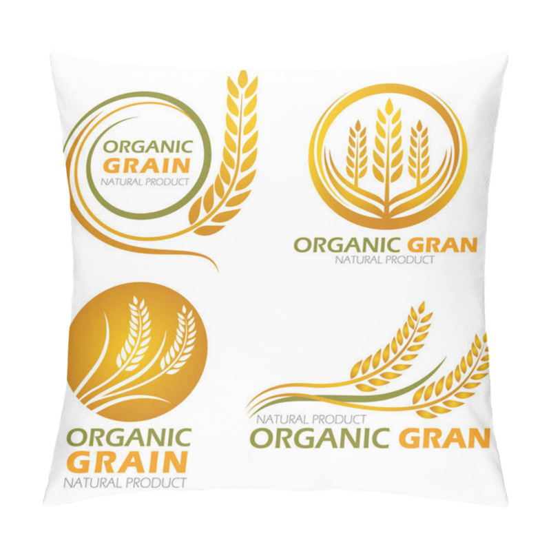 Personality  Gold Circle Paddy Rice Organic Grain Products And Healthy Food Banner Sign Vector Set Design Pillow Covers