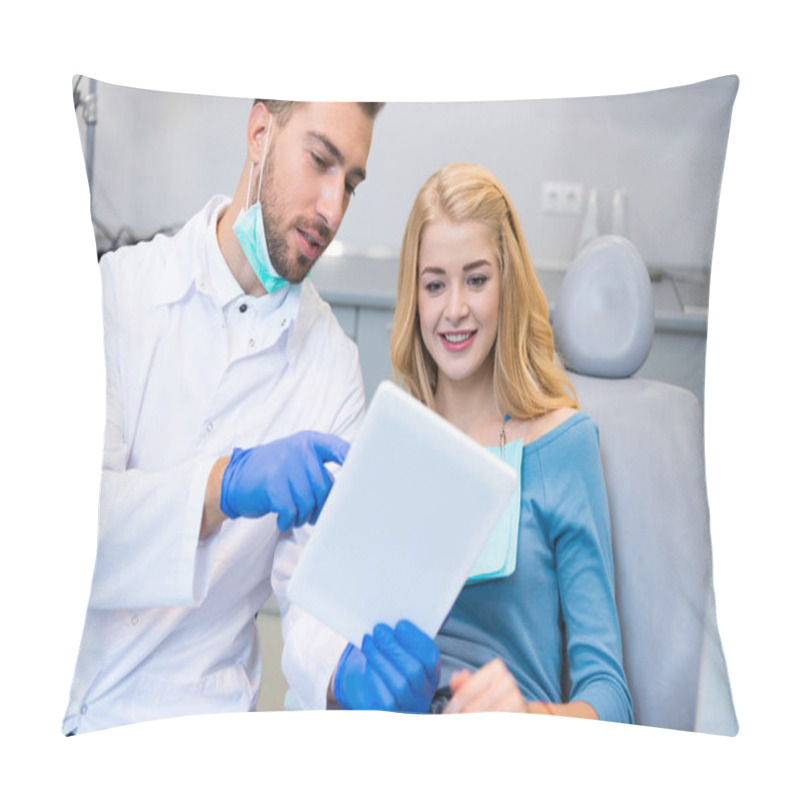 Personality  Happy Young Dentist Showing Tablet To Female Client In Dental Chair Pillow Covers