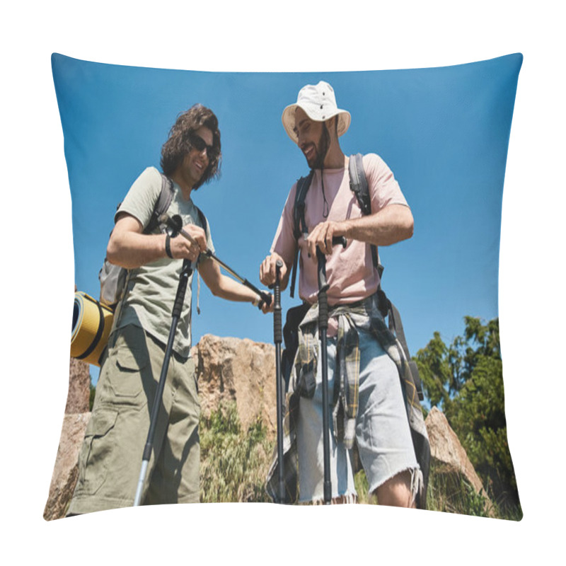 Personality  Two Young Men, A Gay Couple, Hike Together Through A Rocky Landscape On A Sunny Summer Day. Pillow Covers