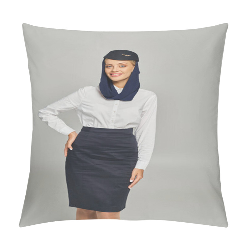 Personality  Stylish And Cheerful Stewardess In Arabian Airlines Uniform Posing With Hand On Hip On Grey Pillow Covers