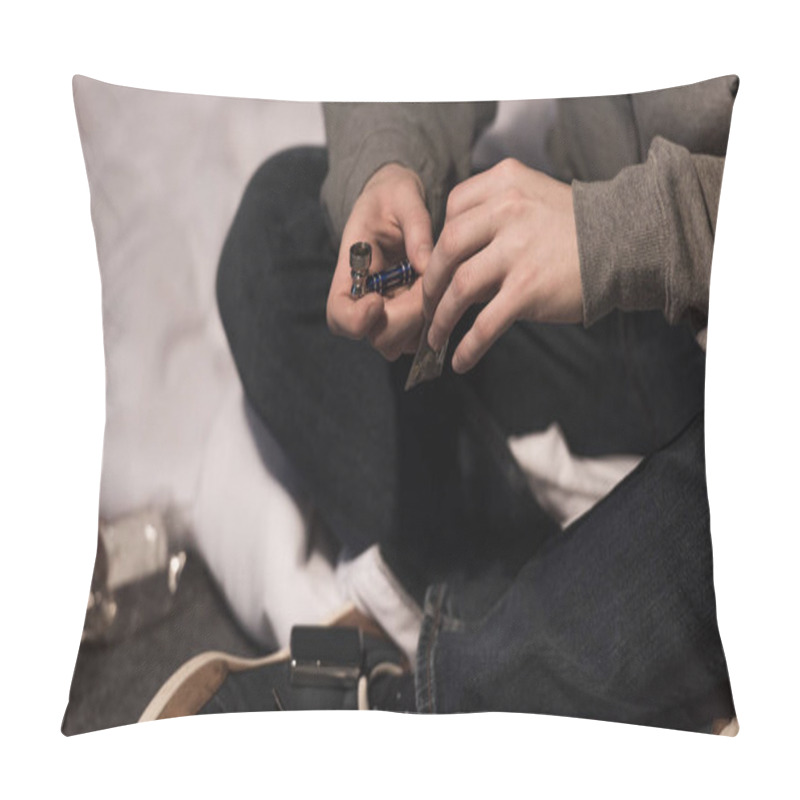 Personality  Selective Focus Of Man Holding Smoking Pipe And Pack Of Marijuana Pillow Covers